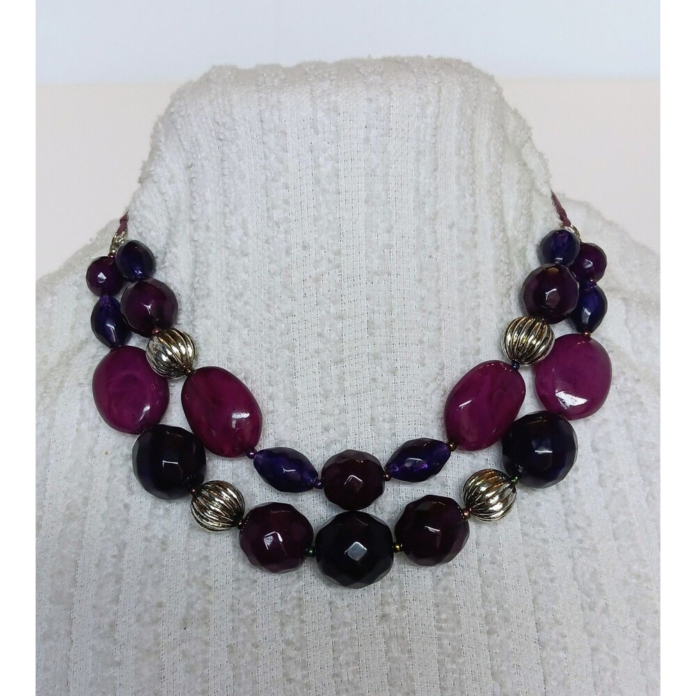 Eggplant Purple Lucite Bead Statement Necklace on Leather Cord 16-18 in
